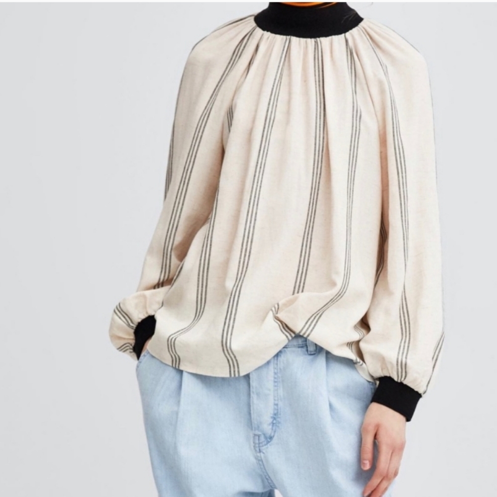 ZARA Blk Cream Oversized Linen Blend Balloon Sleeve Mock Neck Collar Striped Top